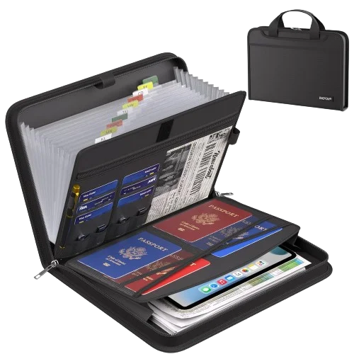 A black fireproof waterproof document organizer bag with multiple compartments and a passport visible inside.
