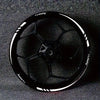 Black motorcycle wheel rim with white sport stripes and decals
