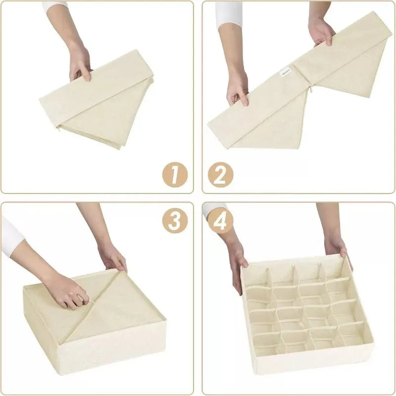 A four-step demonstration of folding and unfolding a premium fabric organizer for drawers and closets.