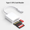 Weißer Type-C OTG-Card-Lesegerät mit Kabel und 16-GB-Speicherkarte.