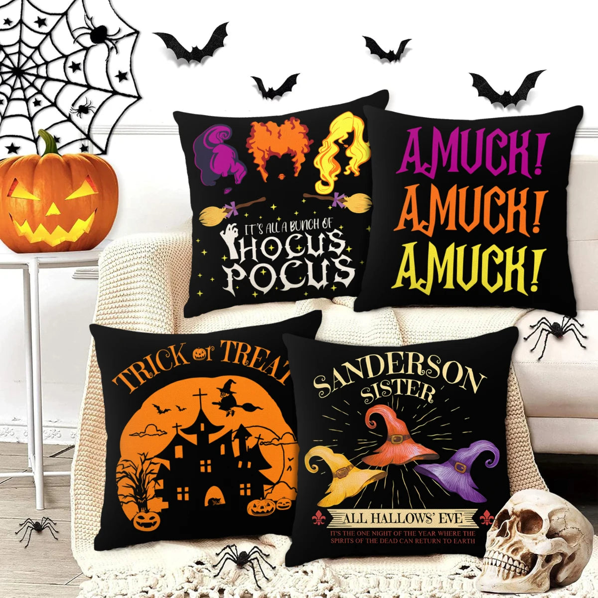 Un juego de ocho fundas decorativas para almohadas con temática de Halloween, que presentan diseños espeluznantes como calaba