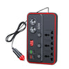 A black portable car power inverter with a red border showing a digital display and multiple AC and USB outlets.