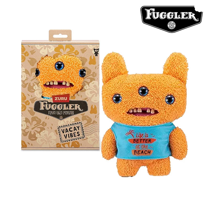An orange Fuggler Ugly Monster plush toy with funny teeth wearing a blue shirt.