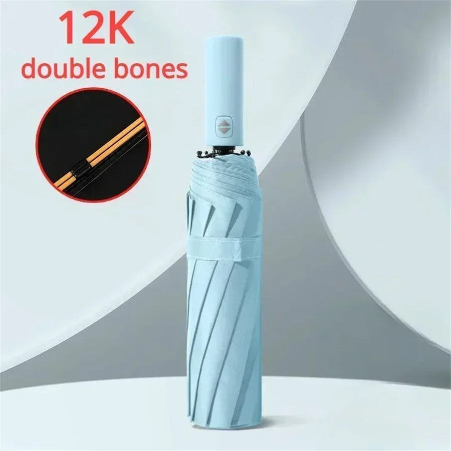 A light blue folding umbrella with 12K double bones is shown standing upright.