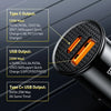 Close-up view of a black USB-C car charger showing various output specifications for Type C, USB, and Type C+ USB ports.