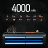 A portable tire inflator device with a power bank and LED light is shown next to a bicycle.