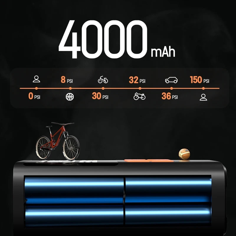 A portable tire inflator device with a power bank and LED light is shown next to a bicycle.
