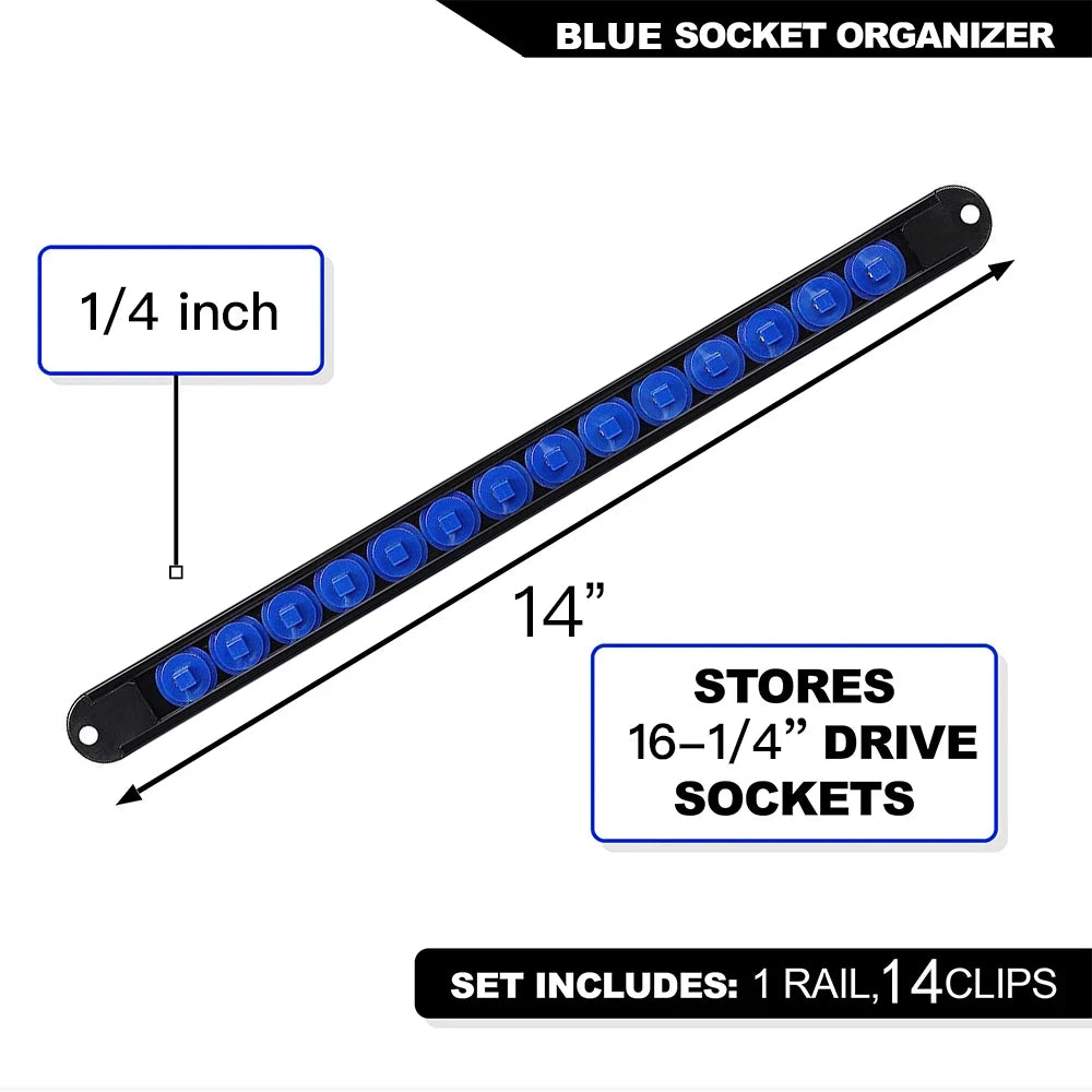 Blue socket organizer rail with 1/4 inch drive sockets and four clips for storing 16-1/4 drive sockets