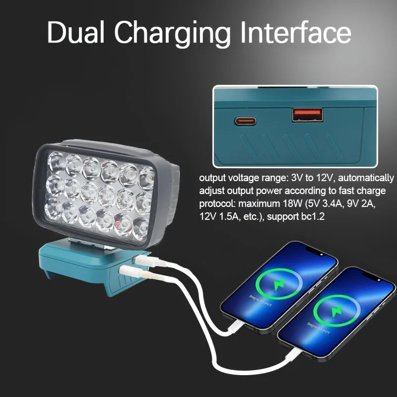A portable LED work light with a dual charging interface is shown connected to a smartphone.