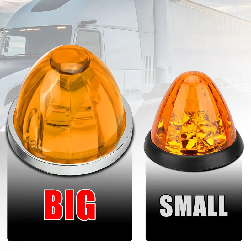Comparison of a big and small waterproof LED side marker light for vehicles.