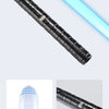 A black lightsaber with a circular arc design and blue light, shown next to its components and USB charger.