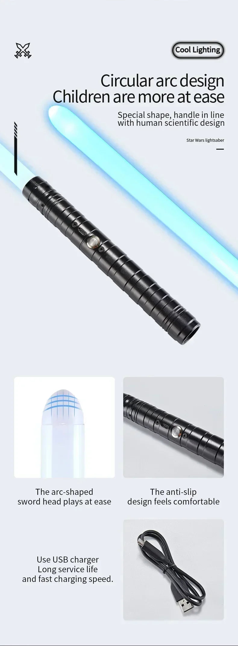 A black lightsaber with a circular arc design and blue light, shown next to its components and USB charger.