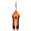 A pair of orange and black stainless steel garden pruning shears with a safety lock.
