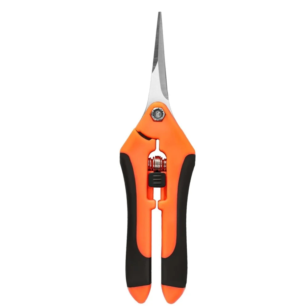 A pair of orange and black stainless steel garden pruning shears with a safety lock.