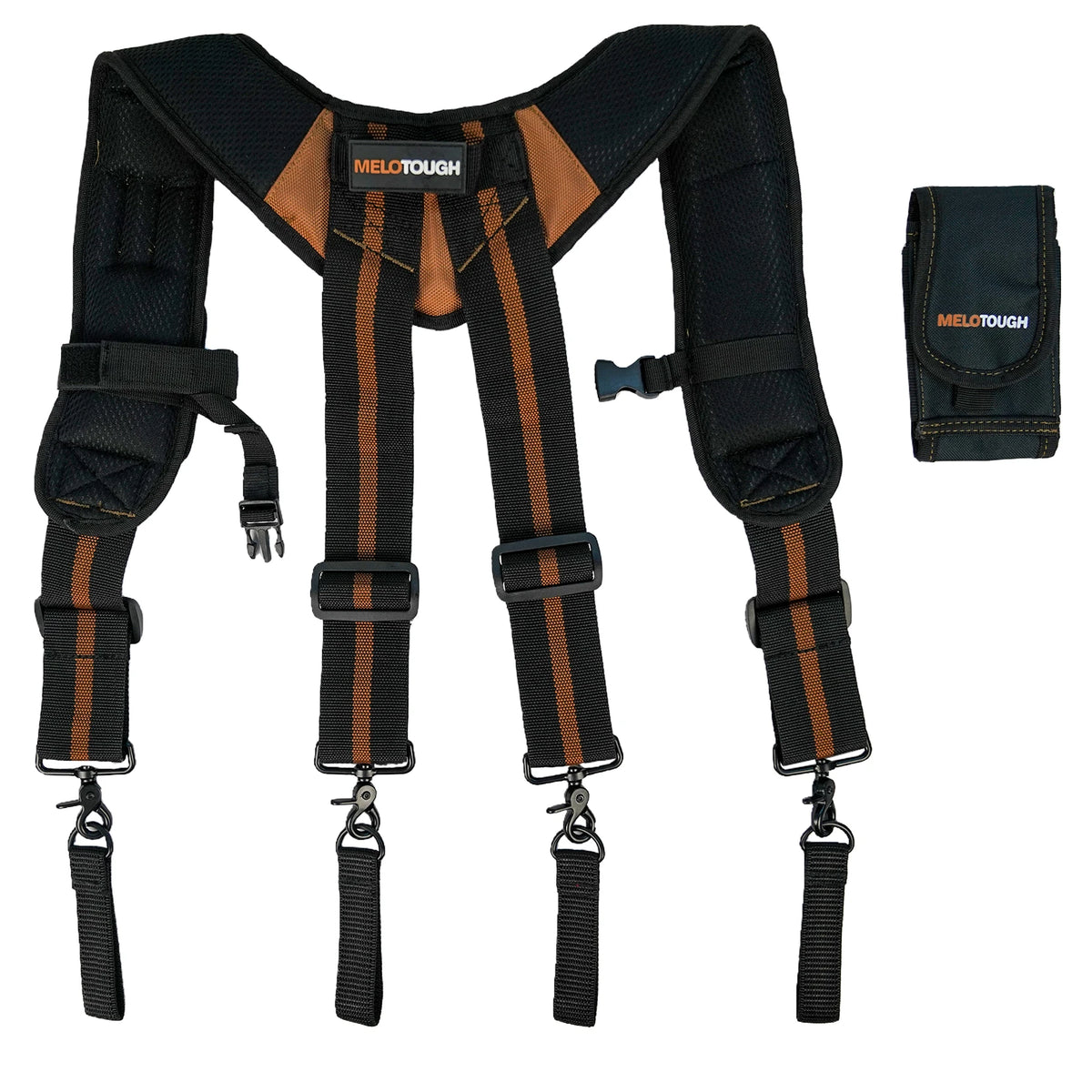 A black magnetic tool belt featuring suspenders and a phone holder, shown against a white background.