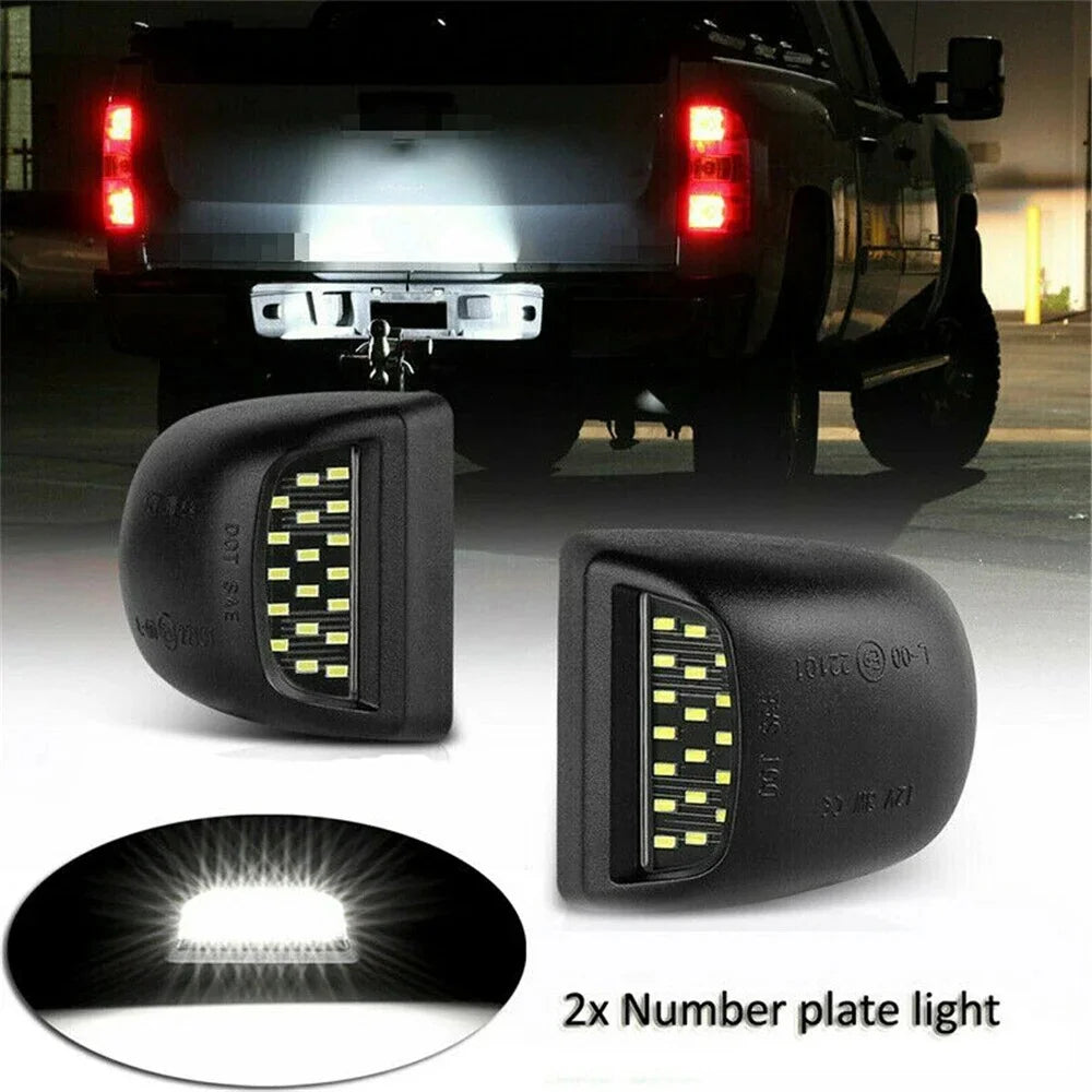 Two 18-LED number plate lights for Chevy Silverado and GMC Sierra trucks shown with a close-up view.