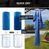 Blue microfiber sports towel shown hanging outdoors with measuring cups demonstrating water absorption and quick-dry features