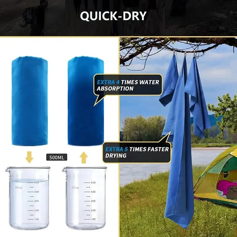 Blue microfiber sports towel shown hanging outdoors with measuring cups demonstrating water absorption and quick-dry features