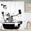 A black and white design featuring a skull skeleton emerging from a bathtub, suitable for a shower curtain.