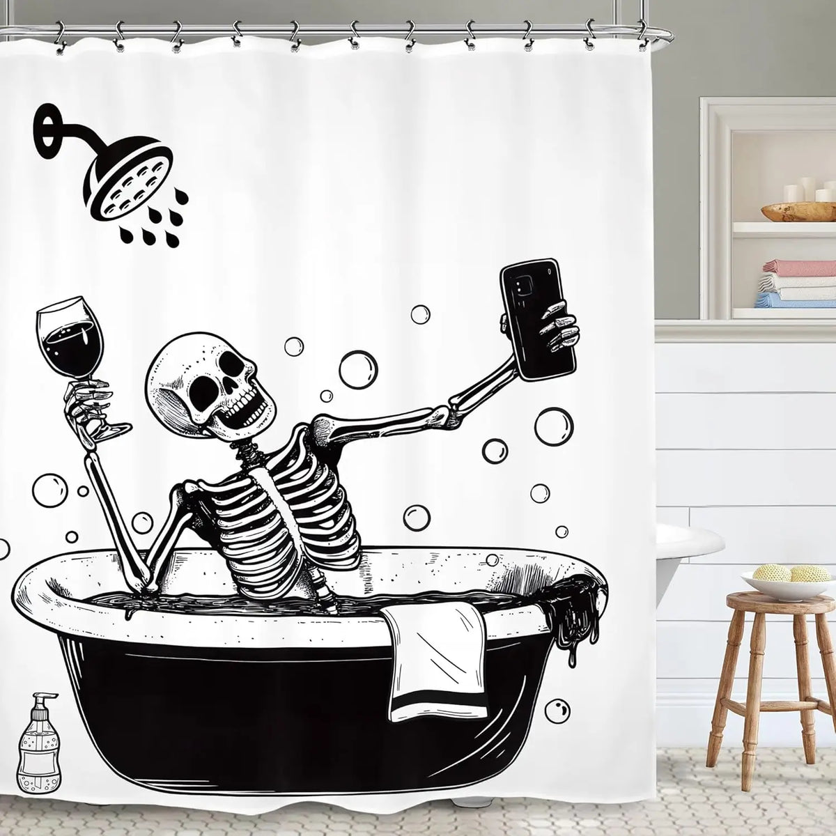 A black and white design featuring a skull skeleton emerging from a bathtub, suitable for a shower curtain.