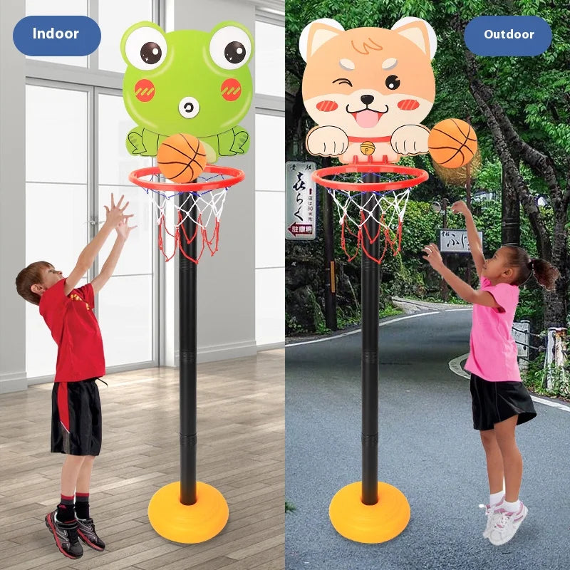 Adjustable kids basketball hoop with a green cartoon design shown indoors and outdoors.