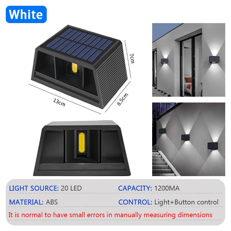 A black solar powered LED wall light with a solar panel, showing its dimensions and features.
