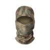 A camouflage balaclava cap made of stretchy, breathable fabric.