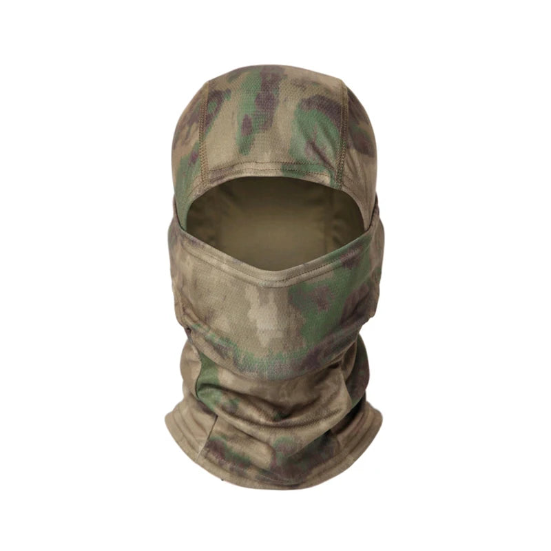 A camouflage balaclava cap made of stretchy, breathable fabric.