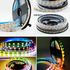 Various forms of individually addressable RGB LED strip lights including coiled strips and flexible strips.