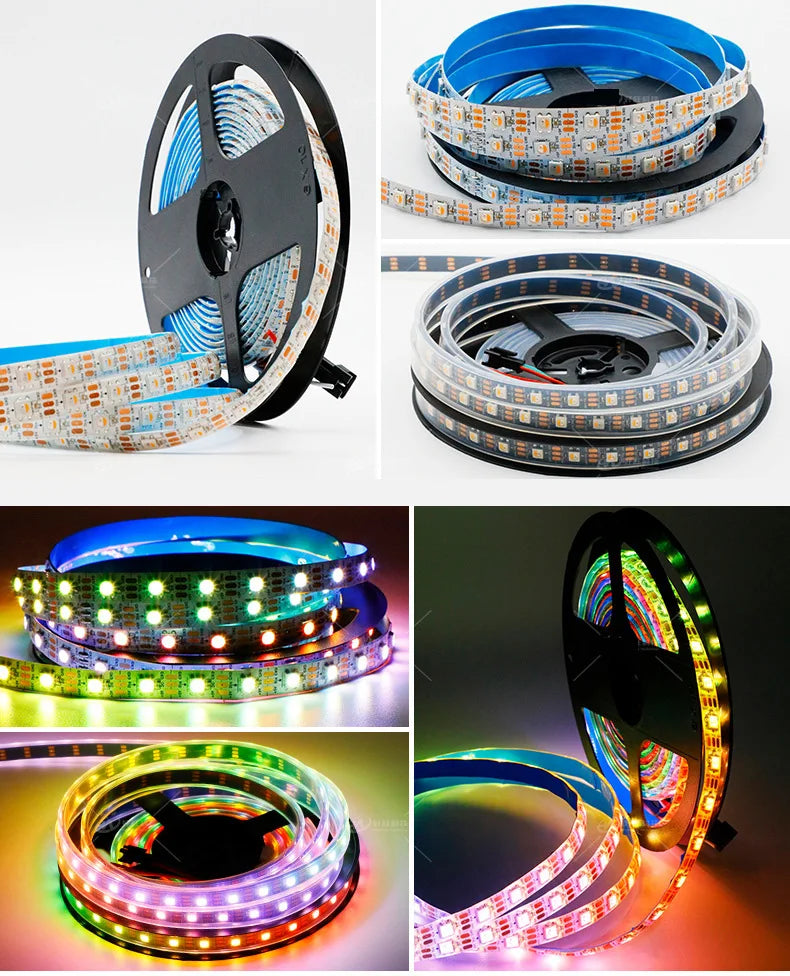 Various forms of individually addressable RGB LED strip lights including coiled strips and flexible strips.