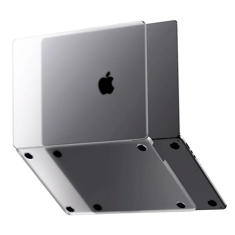 A silver protective case for a MacBook shown from an angled view.