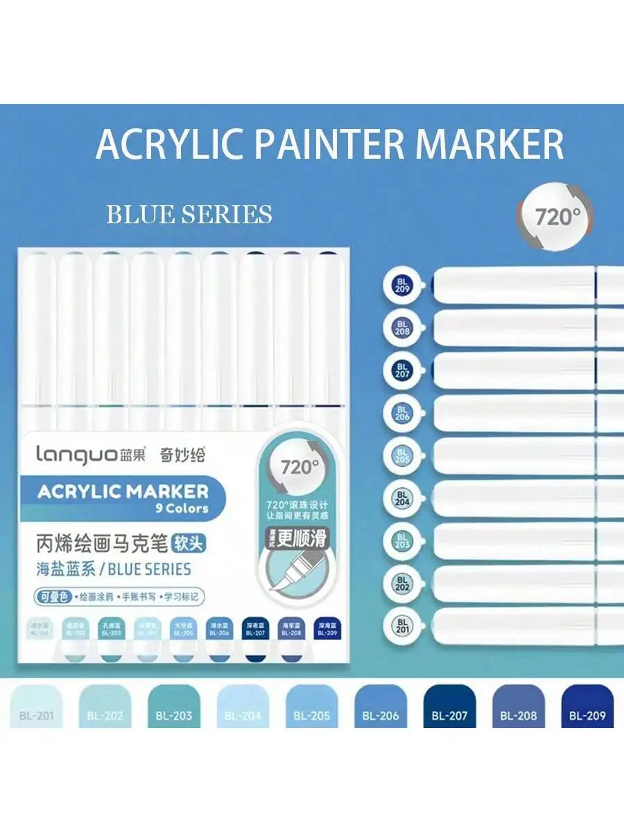 A set of 9 blue acrylic paint markers with fine tips and a 720 degree design for art and DIY projects