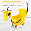 A yellow single-bucket commercial mop bucket with a side-press wringer and wheels.
