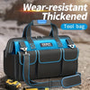 A black and blue tool bag with multiple pockets is shown against a gray background.
