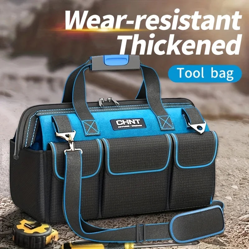 A black and blue tool bag with multiple pockets is shown against a gray background.