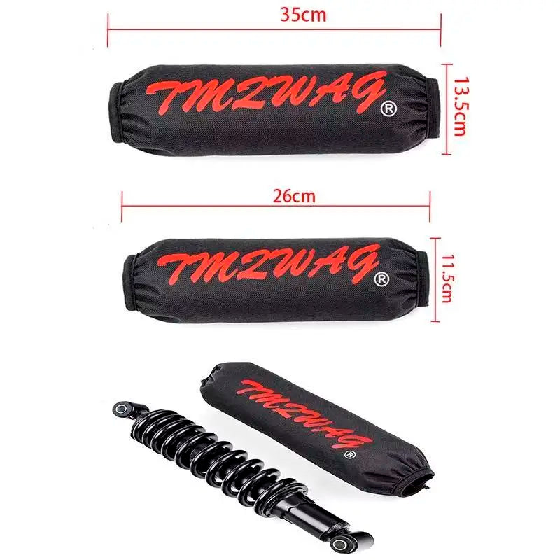 Black waterproof shock absorber cover with red text and a coiled black shock absorber visible.
