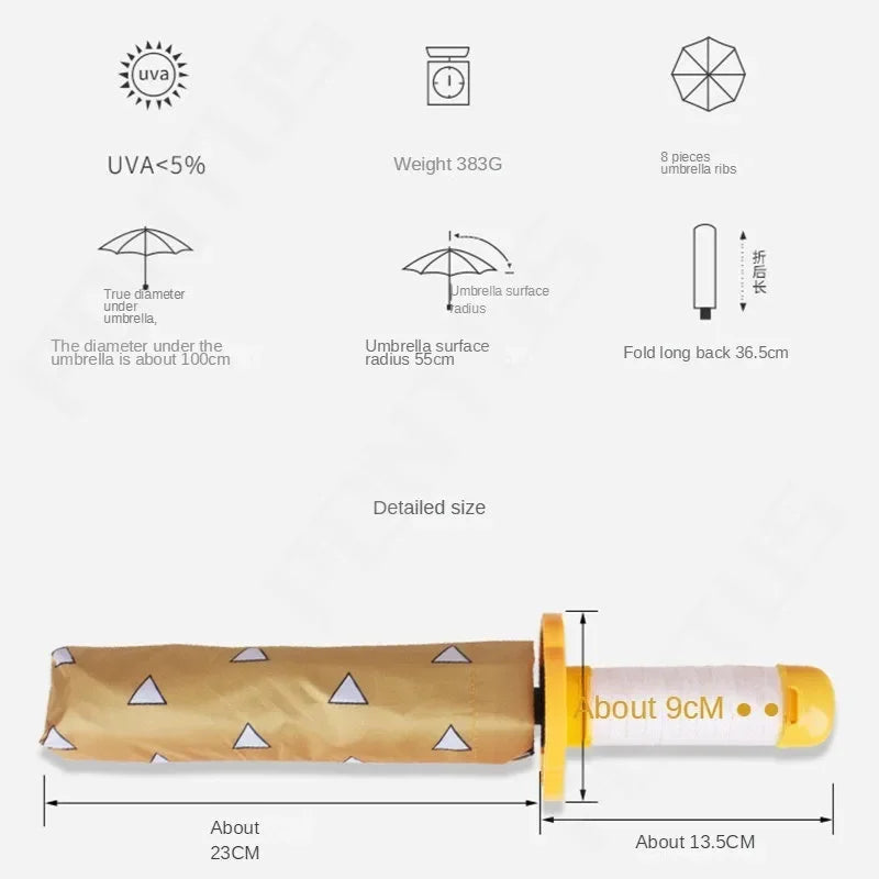 Folding umbrella with a gold-colored fabric and yellow accents, showing various specifications.