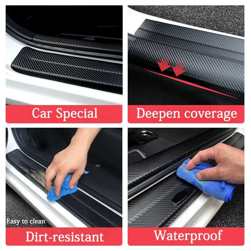 Carbon fiber door sill protectors for Dodge RAM trucks showing various features like deep coverage and waterproof protection.