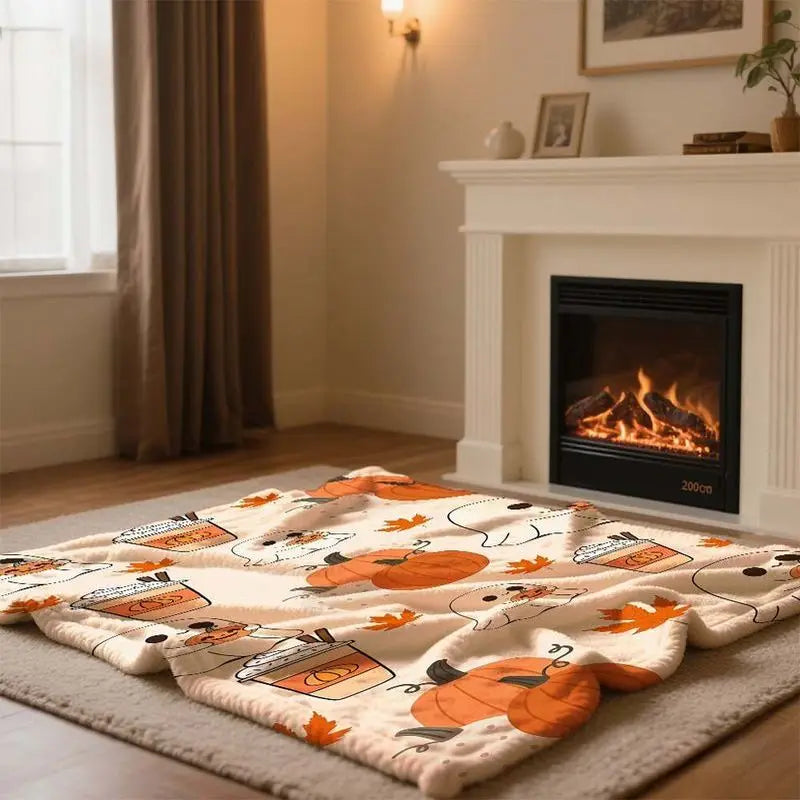 A cozy flannel throw blanket featuring an autumn design with pumpkins and maple leaves draped on a light rug.