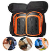 A pair of black heavy-duty gel knee pads with orange accents shown alongside usage examples.