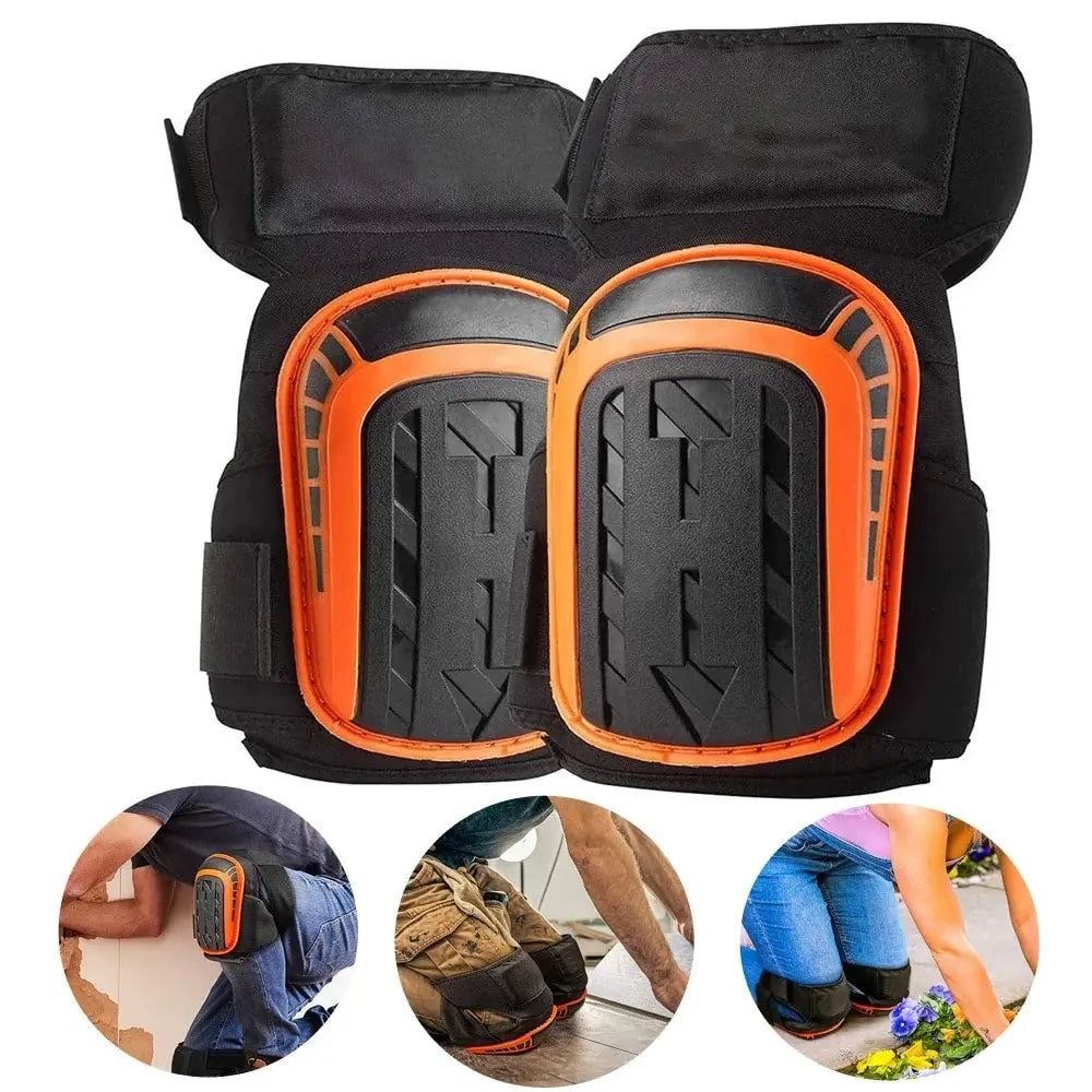 A pair of black heavy-duty gel knee pads with orange accents shown alongside usage examples.