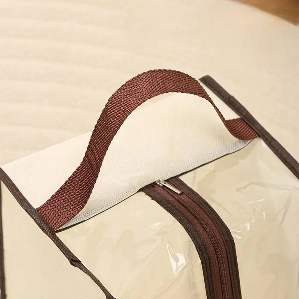A brown strap is visible on a white storage bag, which is part of a tall boot storage organizer.