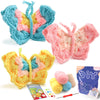 A set of four crocheted butterfly toys in blue, pink, and yellow yarn with a guide and needle shown.