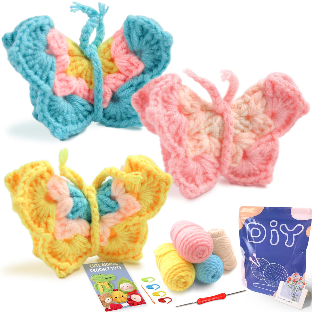 A set of four crocheted butterfly toys in blue, pink, and yellow yarn with a guide and needle shown.
