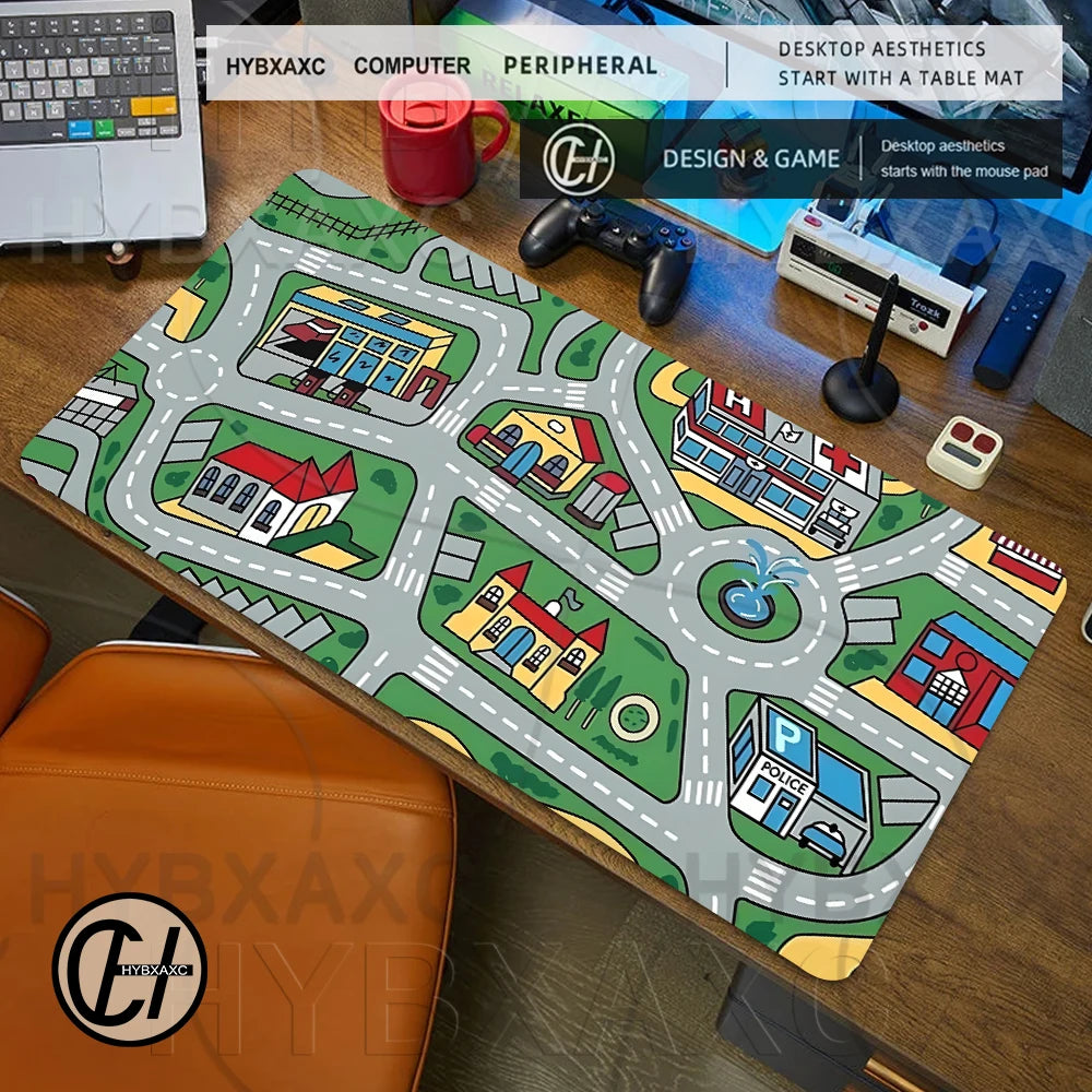 A large gaming mouse pad featuring a vintage city road design with houses and streets.