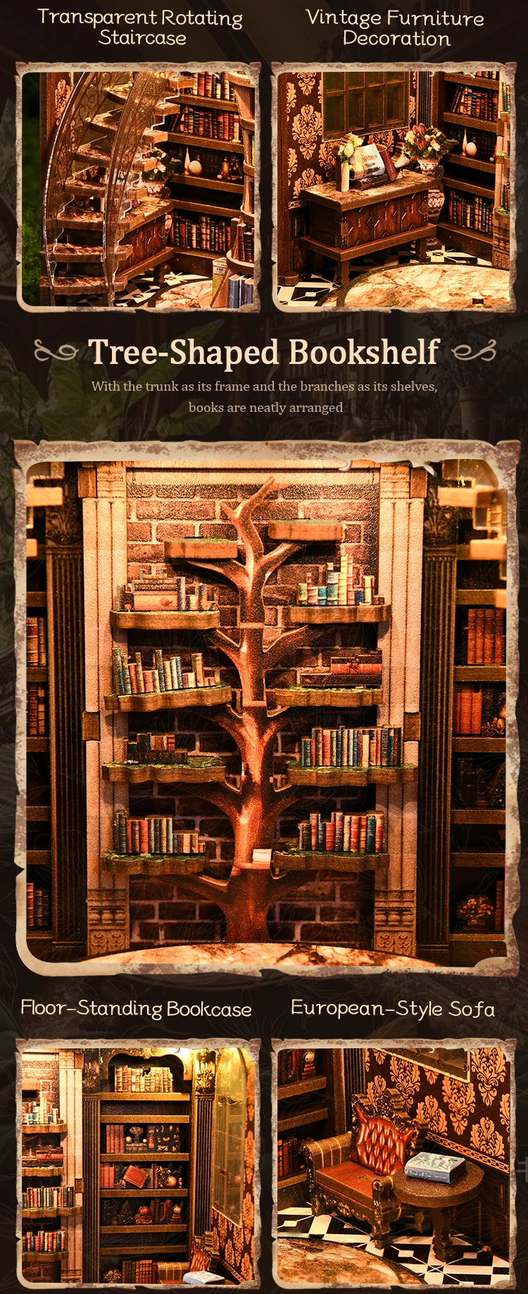 A collection of DIY wooden book nook miniature kits featuring various shelf and furniture decorations.