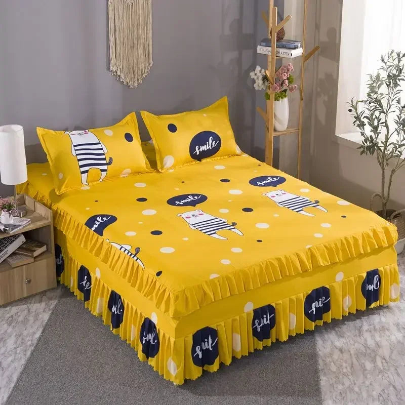 Elegant Elastic Fitted Bed Sheet Set with Lace Skirt and Pillowcases