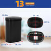 A black automatic touchless trash can shown with various dimensions and capacity information.