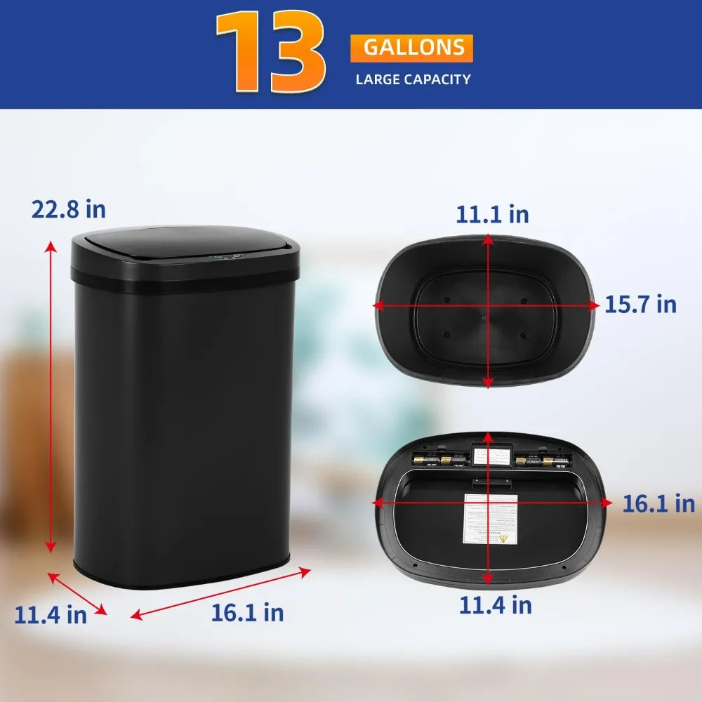 A black automatic touchless trash can shown with various dimensions and capacity information.