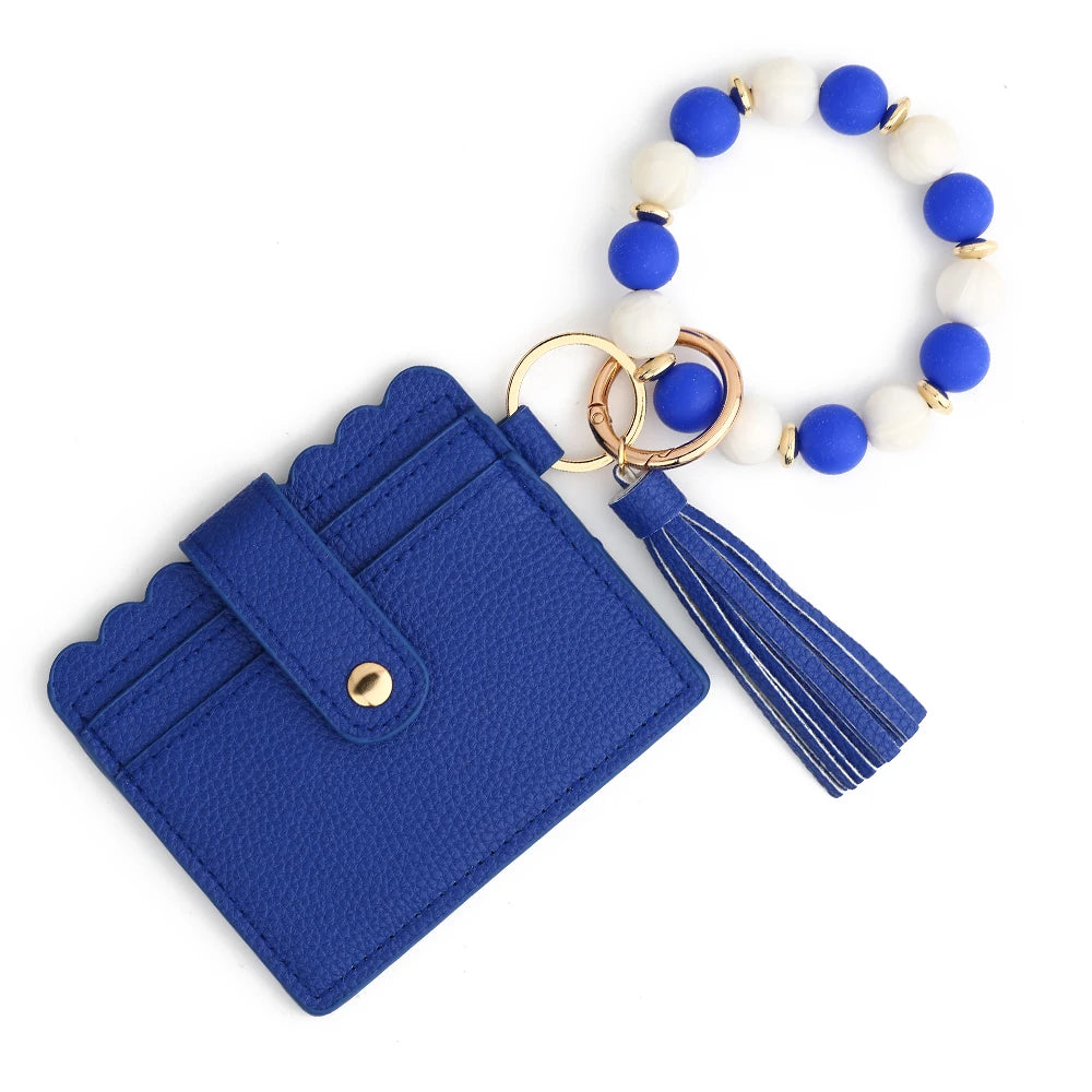 Silicone Bead Bracelet with Leather Card Holder and Tassel